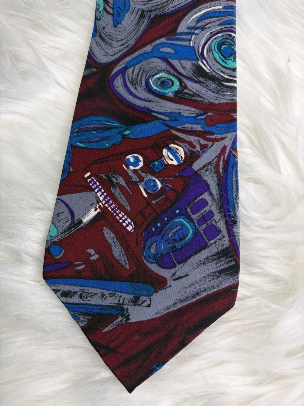 Men's Burgundy Abstract Pattern Silk Tie with Blue and Purple Accents